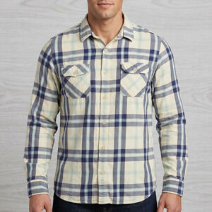 Uniqlo Men's Flannel Shirt Plaid Long Sleeve Button Down Workwear Cream Blue XL